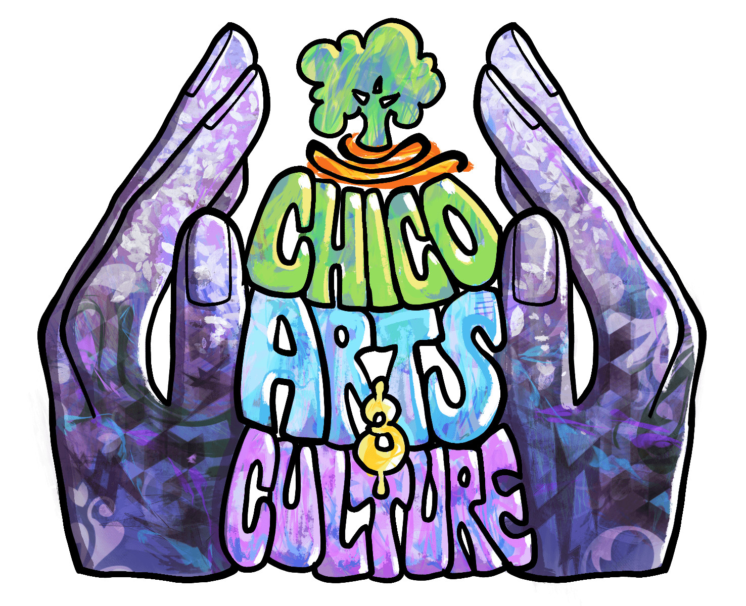 Illustration of the Our Hands sculpture surrounding the words "Chico Arts and Culture" in a stylized text. 